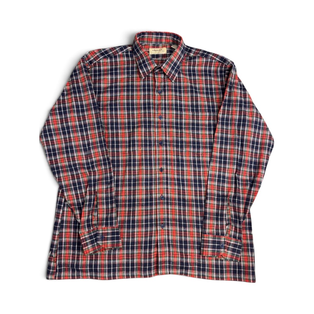 Vintage Arrow Mens XL Plaid Flannel Shirt Red Navy Blue Cotton Two Pocket Front